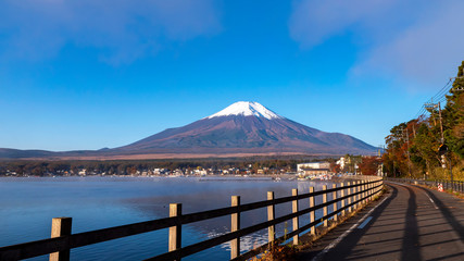 Landscape of Fuji Mountain beside lake in the morning at Yamanaka Lake, Yamanashi, Japan
