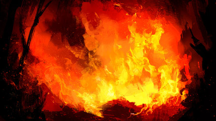Bright and powerful fire with yellow flames in the night burned houses and sparks around. 2D illustration © warmtail