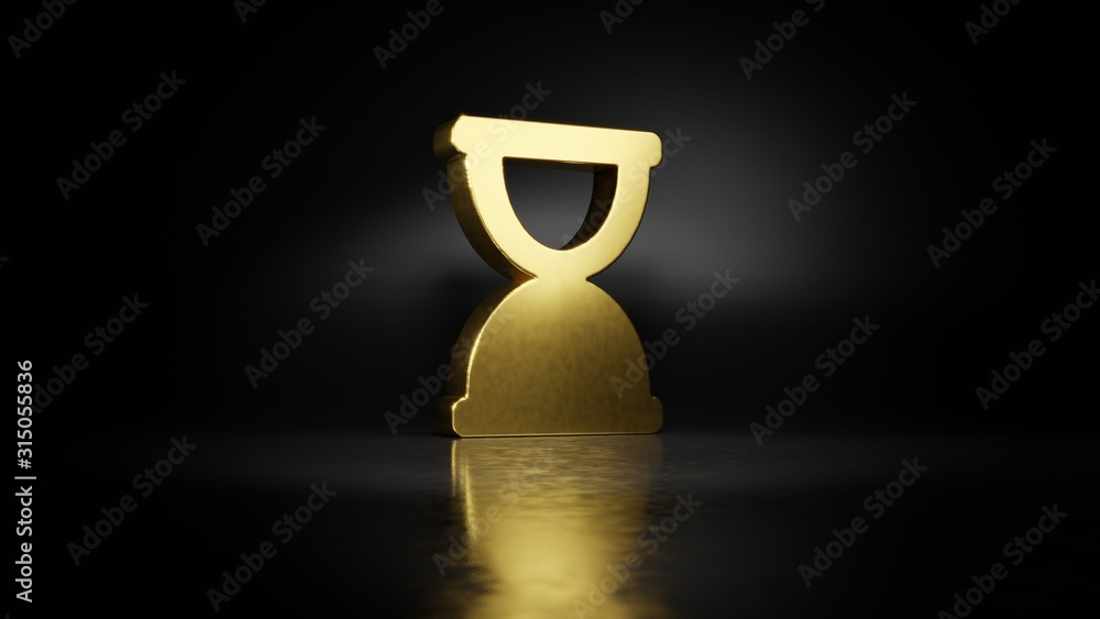 Poster gold metal symbol of hourglass end 3d rendering with blurry reflection on floor with dark background