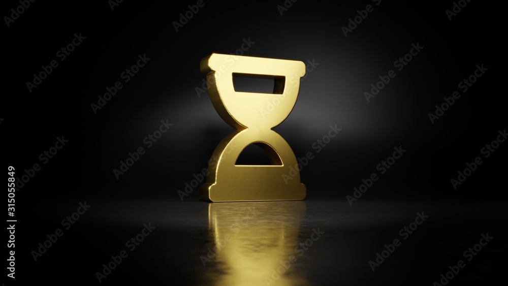 Poster gold metal symbol of hourglass half 3d rendering with blurry reflection on floor with dark backgroun