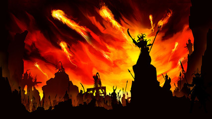 Silhouettes of the army of darkness with spearmen, swordsmen, and catapults, led by the shaman's demon, giving the order to attack, against the background of a fiery sunset and fireballs flying forwar © warmtail