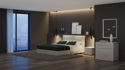 Modern house interior. Bedroom with dark walls and bright furniture. Night. Evening lighting. 3D rendering.