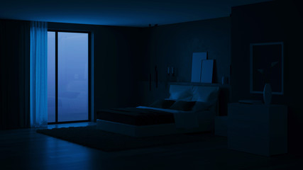 Modern house interior. Bedroom with dark walls and bright furniture. Night. Evening lighting. 3D rendering.
