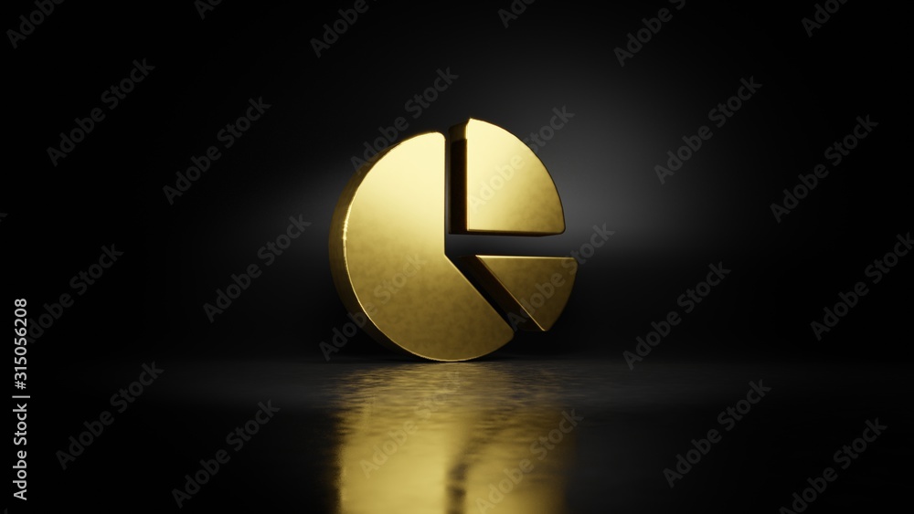 Poster gold metal symbol of chart pie 3d rendering with blurry reflection on floor with dark background