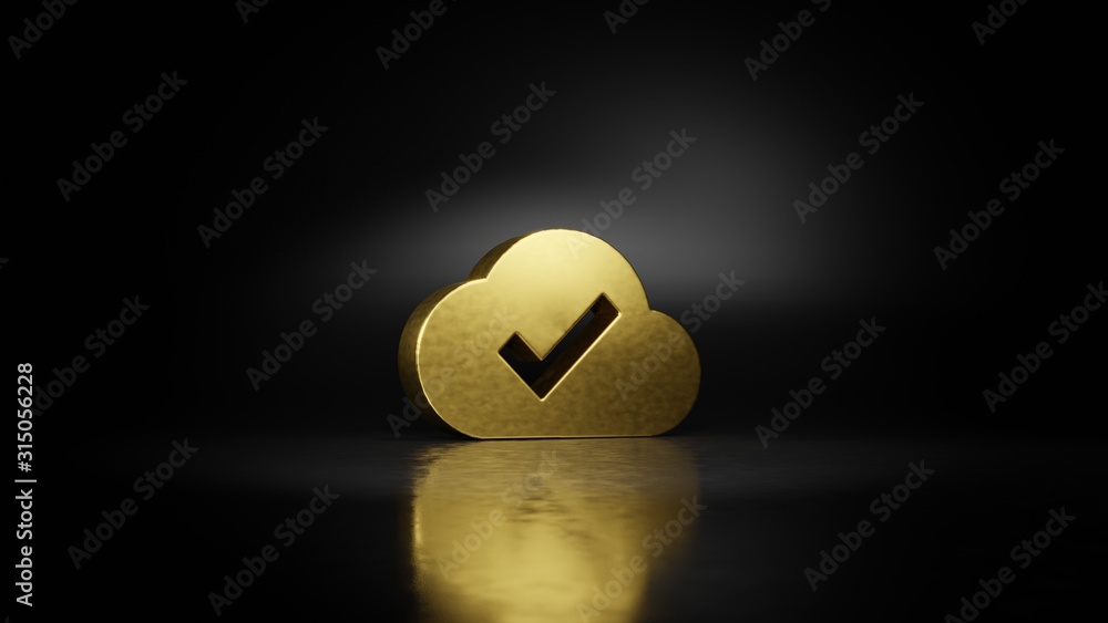 Poster gold metal symbol of check 3d rendering with blurry reflection on floor with dark background