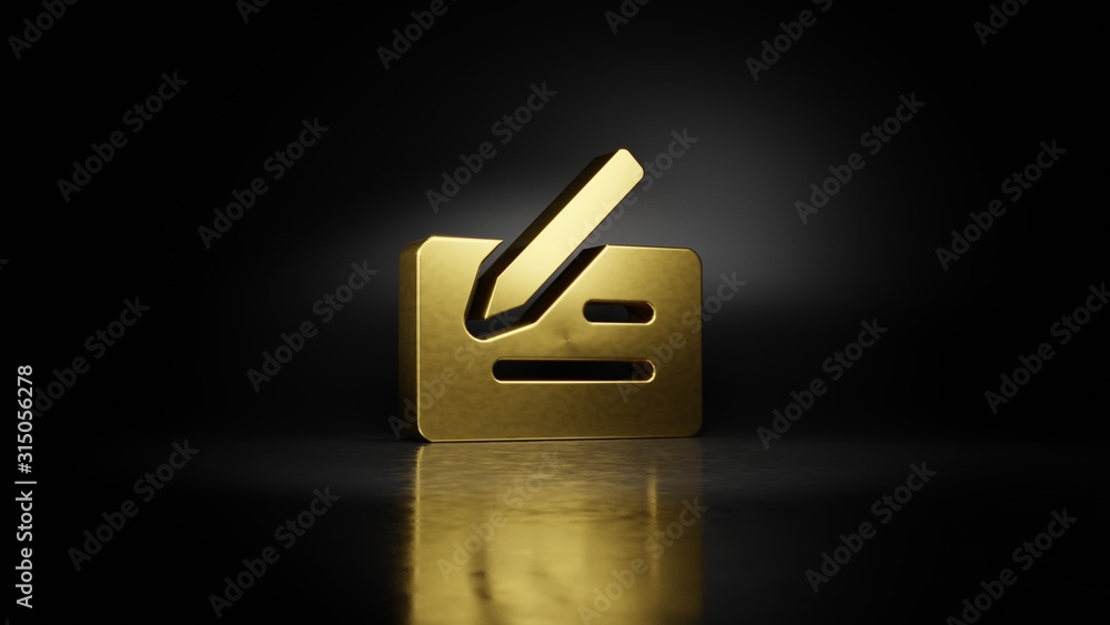 Poster gold metal symbol of cheque 3d rendering with blurry reflection on floor with dark background