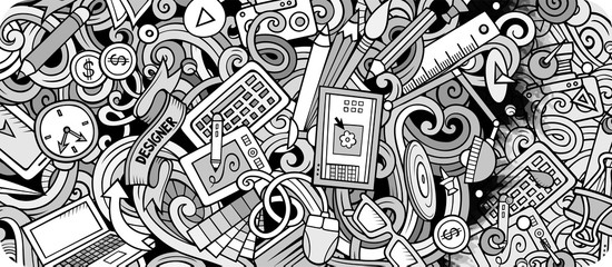 Designer hand drawn doodle banner. Cartoon detailed flyer.
