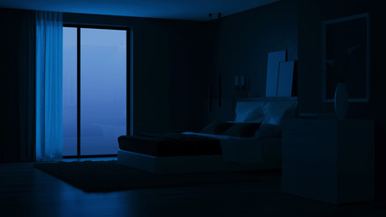 Fototapeta premium Modern house interior. Bedroom with dark walls and bright furniture. Night. Evening lighting. 3D rendering.