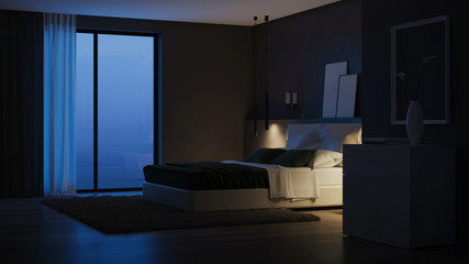 Modern house interior. Bedroom with dark walls and bright furniture. Night. Evening lighting. 3D rendering.