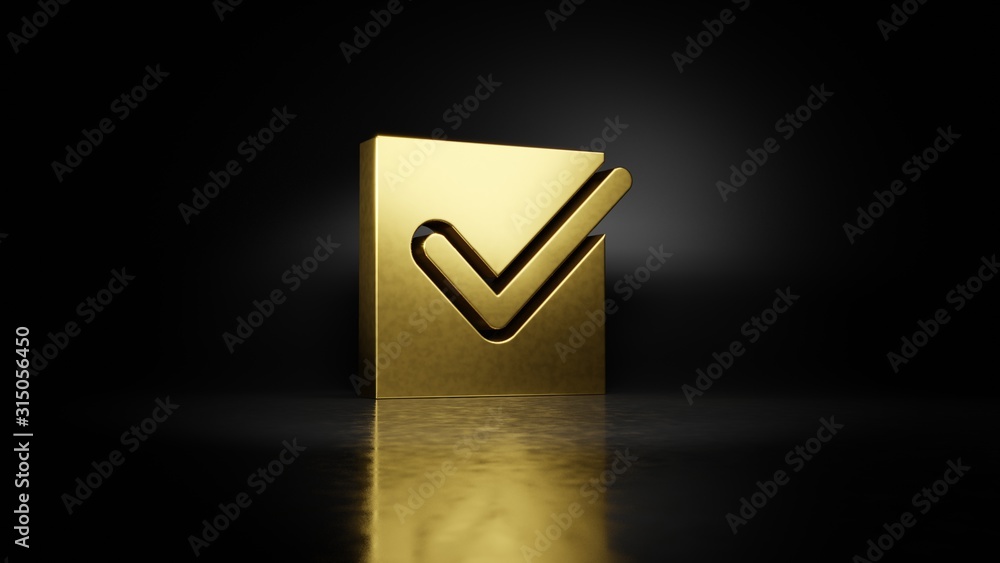 Poster gold metal symbol of checked 3d rendering with blurry reflection on floor with dark background