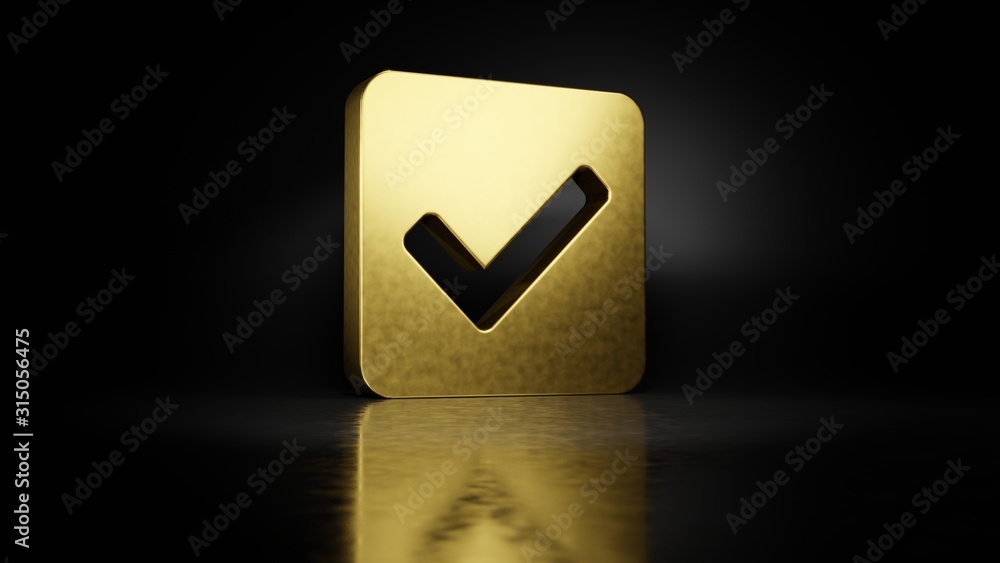 Poster gold metal symbol of check square 3d rendering with blurry reflection on floor with dark background