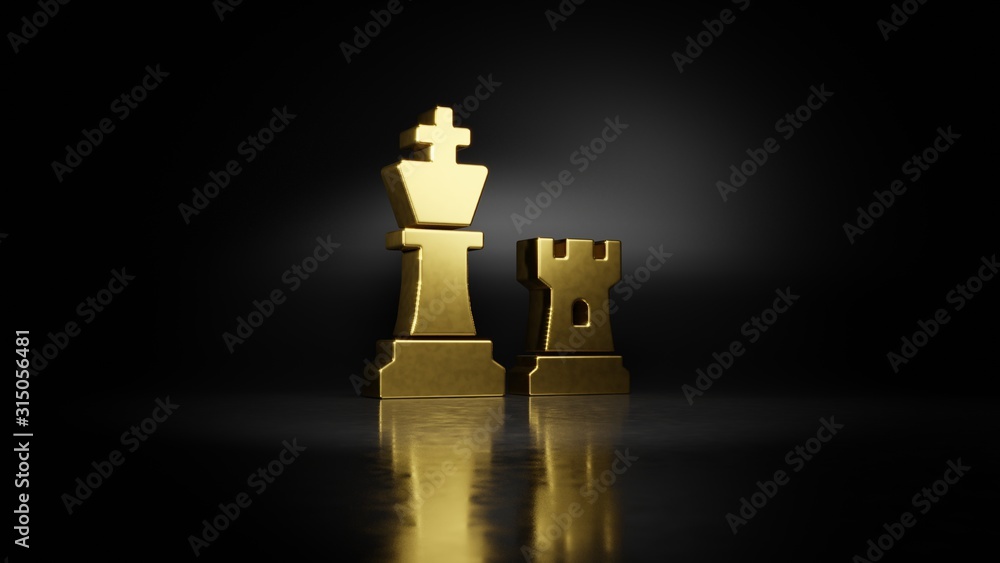 Poster gold metal symbol of chess 3d rendering with blurry reflection on floor with dark background