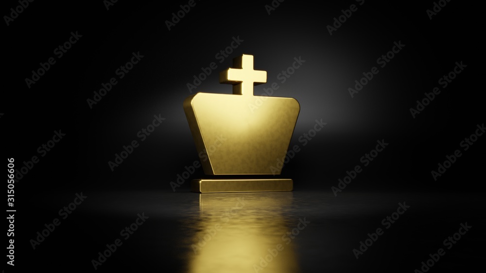 Poster gold metal symbol of chess king 3d rendering with blurry reflection on floor with dark background