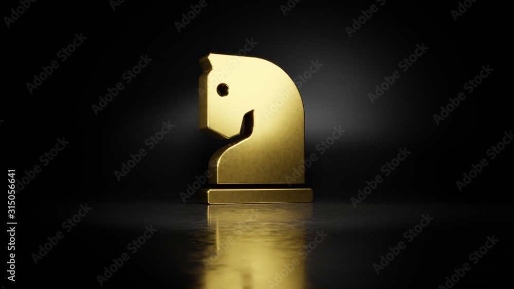 Poster gold metal symbol of chess knight 3d rendering with blurry reflection on floor with dark background