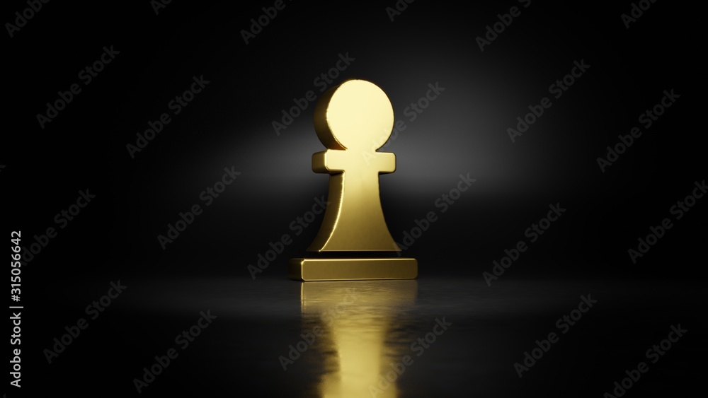 Poster gold metal symbol of chess pawn 3d rendering with blurry reflection on floor with dark background