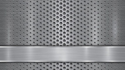 Background in gray colors, consisting of a metallic perforated surface with holes and a polished plate with metal texture, glares and shiny edges