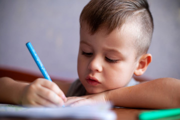 Closeup portrait of cute little boy drawing picture. The beautiful, emotional face of a child of four years.