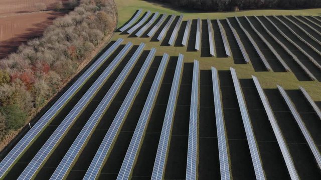 Solar Panel Farm Close Up Autumn Season Aerial View