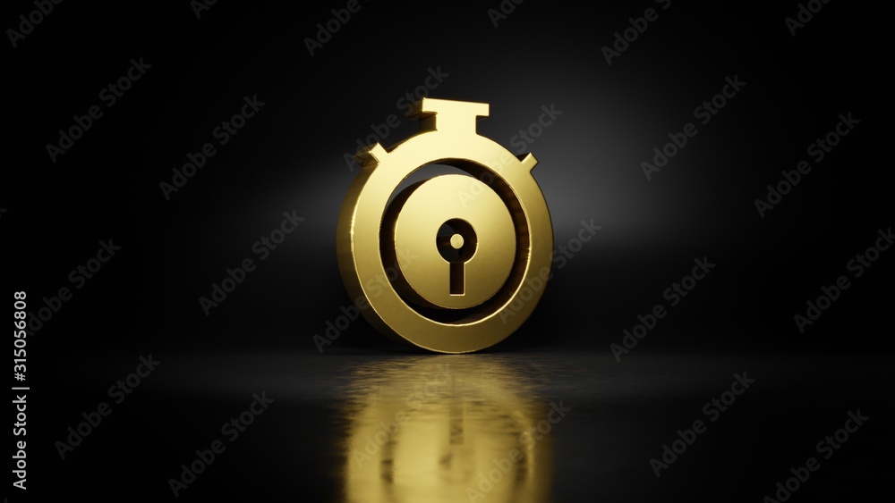 Poster gold metal symbol of chronometer 3d rendering with blurry reflection on floor with dark background