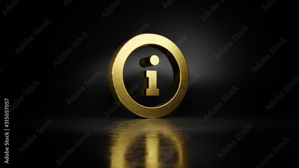 Poster gold metal symbol of info 3d rendering with blurry reflection on floor with dark background