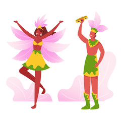 Naklejka na ściany i meble Brazilian Tambourine Player Singing and Playing, Girl Dancer Performing Samba at Rio Carnival. Artists on Traditional Folk Festival. Culture Performance with Drum Cartoon Flat Vector Illustration