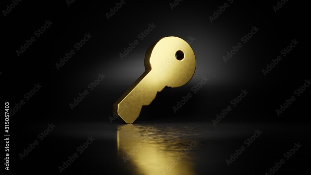 Poster gold metal symbol of key 3d rendering with blurry reflection on floor with dark background