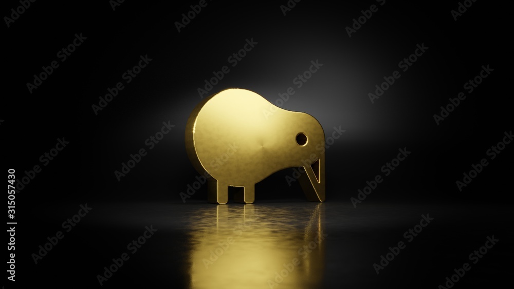 Poster gold metal symbol of kiwi bird 3d rendering with blurry reflection on floor with dark background