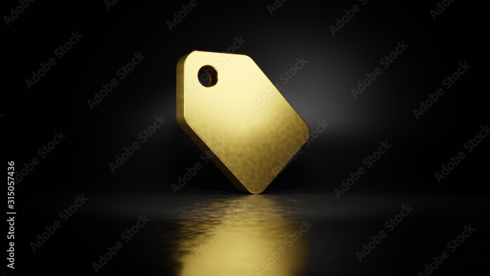 Poster gold metal symbol of label 3d rendering with blurry reflection on floor with dark background