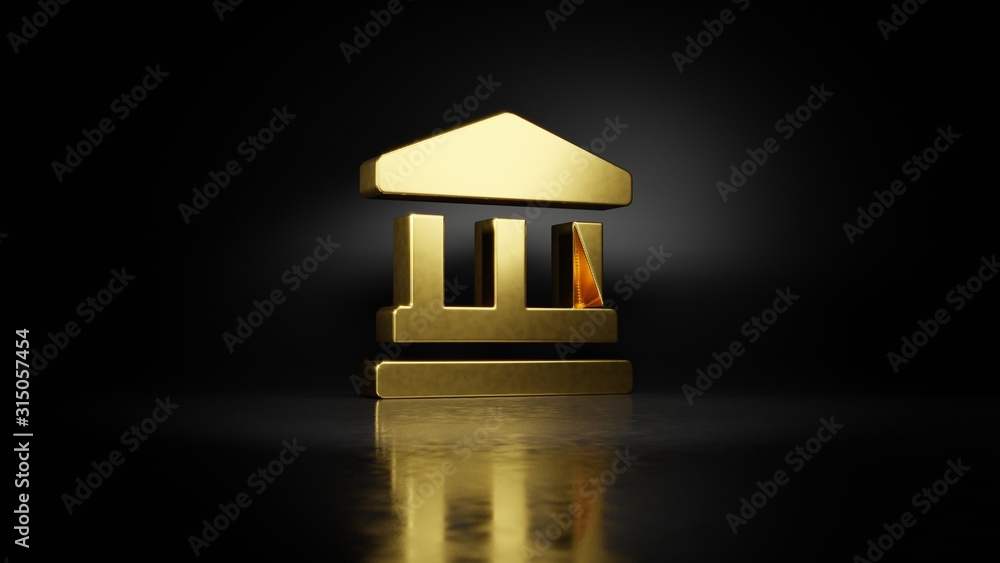 Poster gold metal symbol of landmark 3d rendering with blurry reflection on floor with dark background