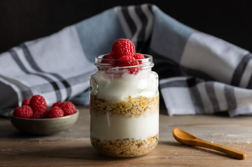 breakfast yoghurt with muesli and raspberry