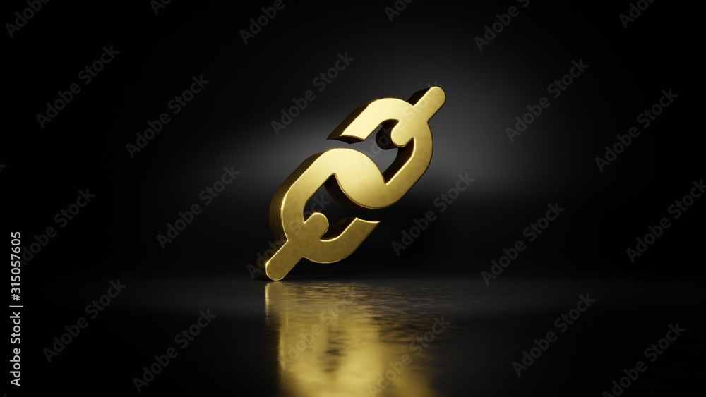 Poster gold metal symbol of link 3d rendering with blurry reflection on floor with dark background