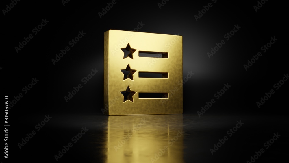 Poster gold metal symbol of list 3d rendering with blurry reflection on floor with dark background