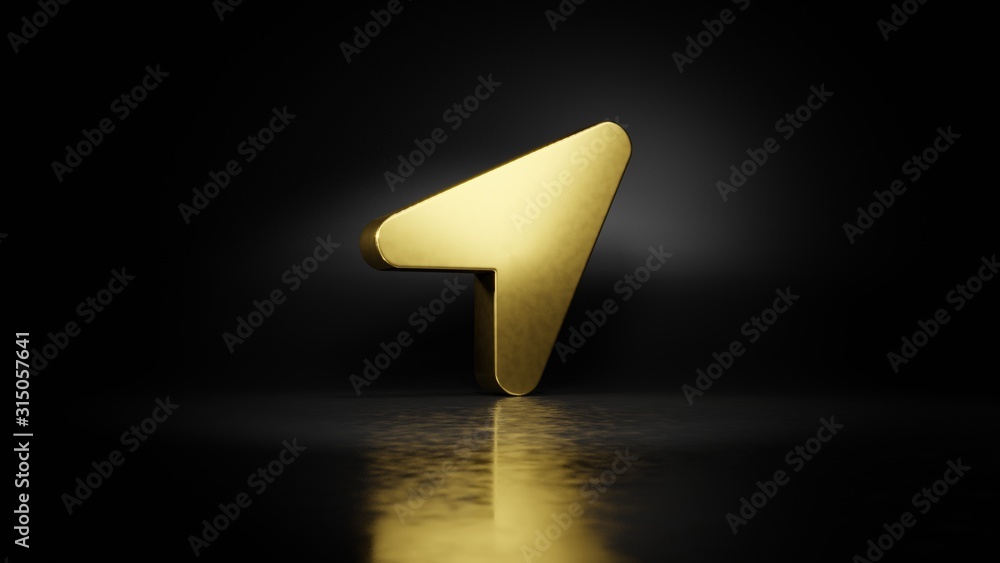 Aufkleber gold metal symbol of location arrow 3d rendering with blurry reflection on floor with dark backgroun