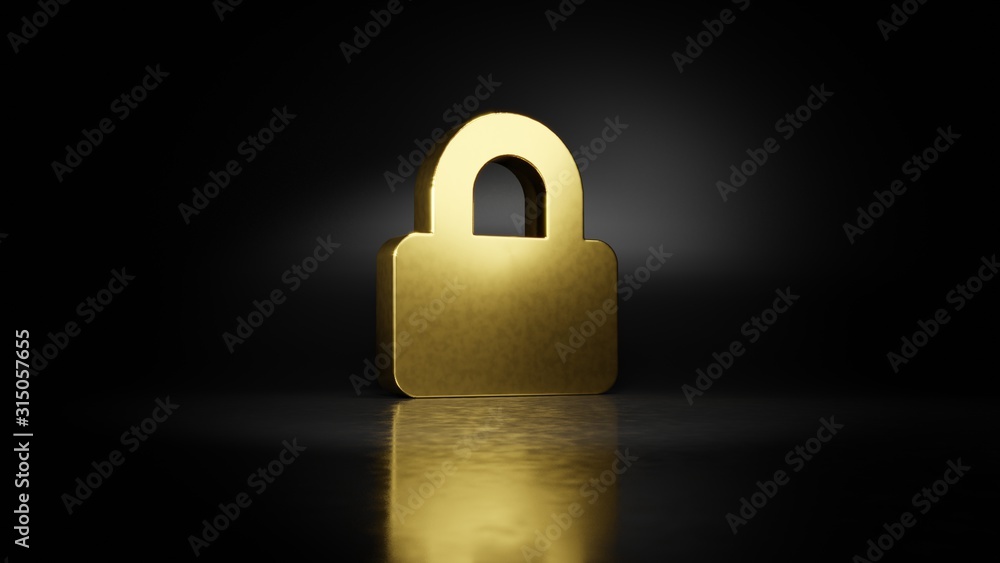 Poster gold metal symbol of lock 3d rendering with blurry reflection on floor with dark background