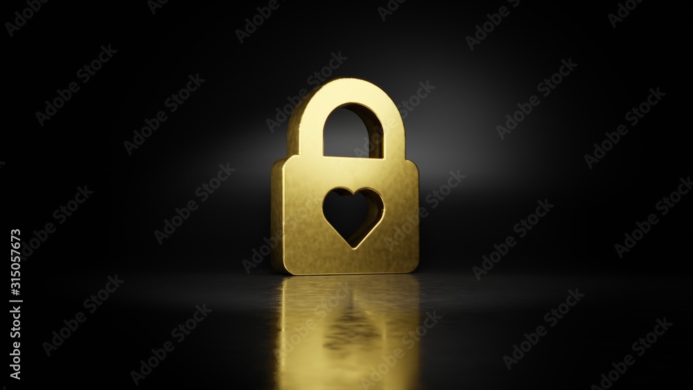 Poster gold metal symbol of lock 3d rendering with blurry reflection on floor with dark background