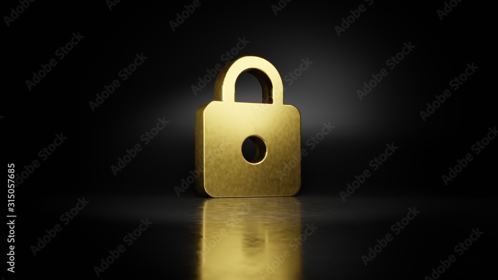 Poster gold metal symbol of locked padlock 3d rendering with blurry reflection on floor with dark backgroun