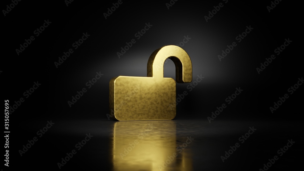 Poster gold metal symbol of lock open 3d rendering with blurry reflection on floor with dark background