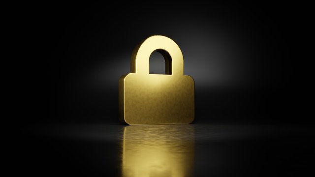 gold metal symbol of lock 3D rendering with blurry reflection on floor with dark background
