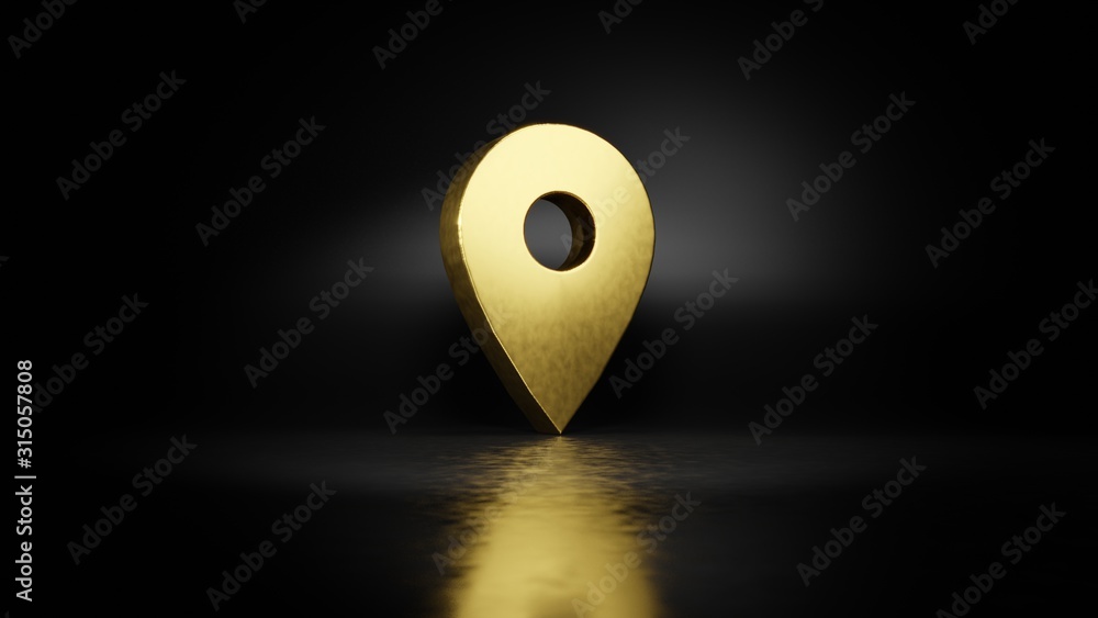 Poster gold metal symbol of map placeholder 3d rendering with blurry reflection on floor with dark backgrou