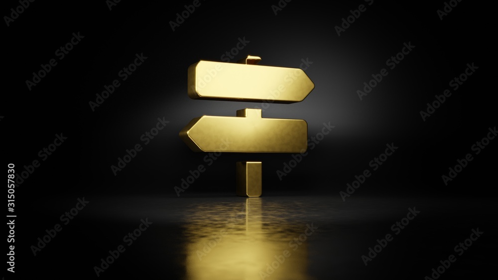 Poster gold metal symbol of map signs 3d rendering with blurry reflection on floor with dark background