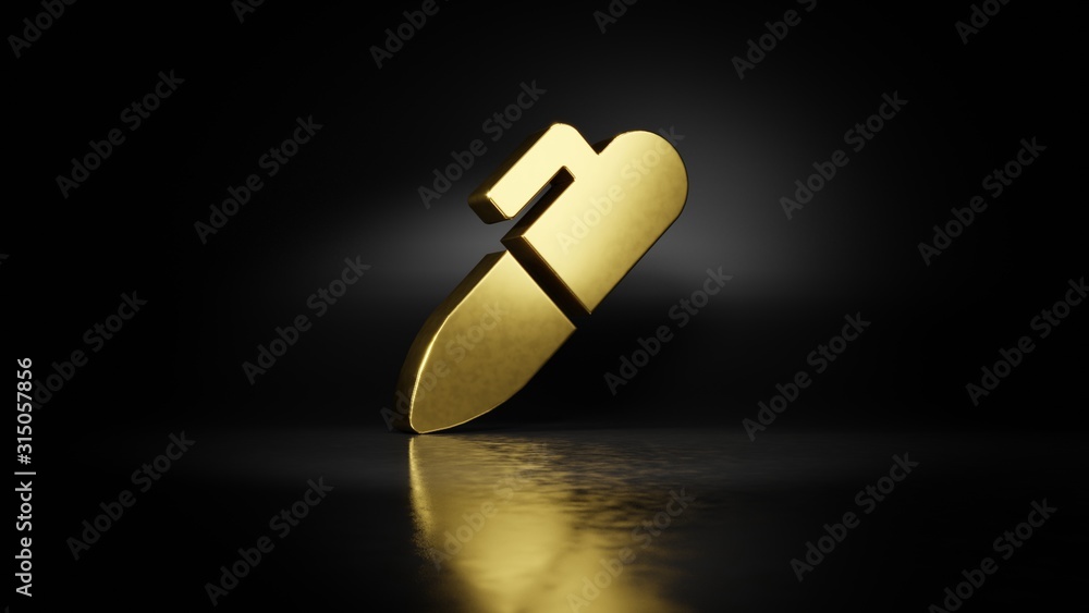 Poster gold metal symbol of marker 3d rendering with blurry reflection on floor with dark background