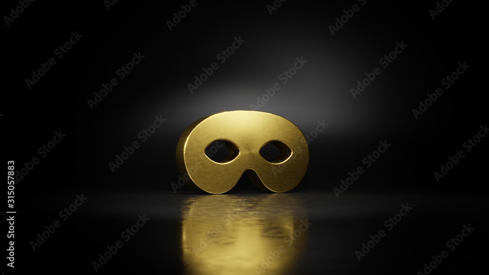 Poster gold metal symbol of mask 3d rendering with blurry reflection on floor with dark background
