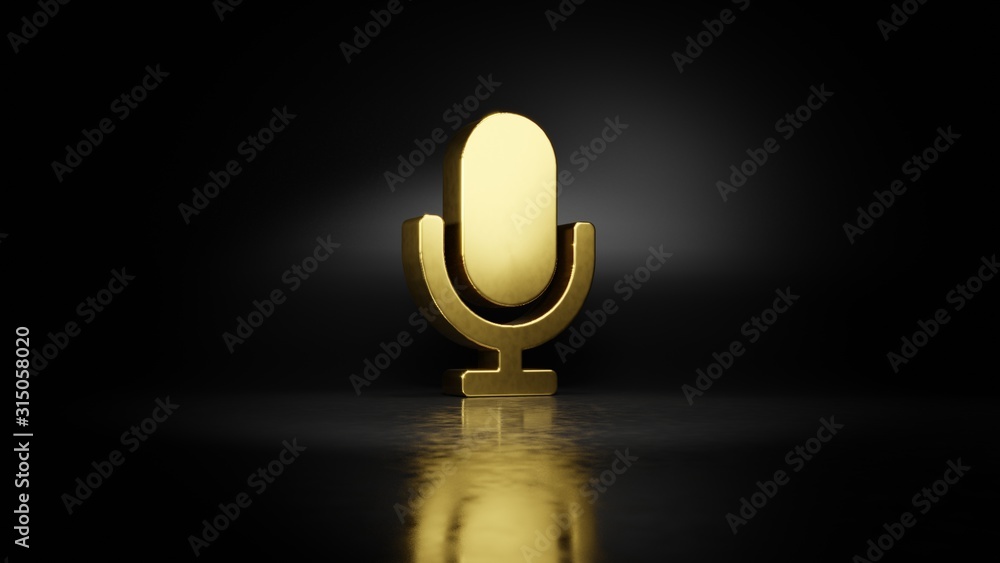 Poster gold metal symbol of microphone 3d rendering with blurry reflection on floor with dark background