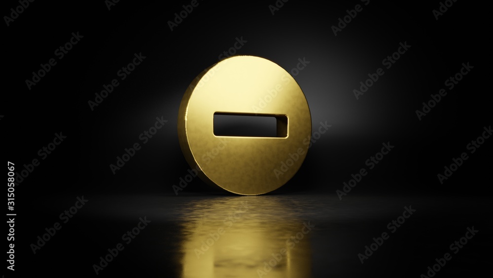Poster gold metal symbol of minus circle 3d rendering with blurry reflection on floor with dark background