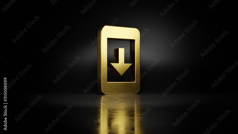 Poster gold metal symbol of mobile phone 3d rendering with blurry reflection on floor with dark background