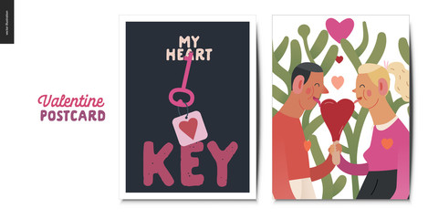 Valentines postcards -Valentines day graphics. Modern flat vector concept illustration - greeting cards - heart key and a young couple in love licking heart shaped ice cream