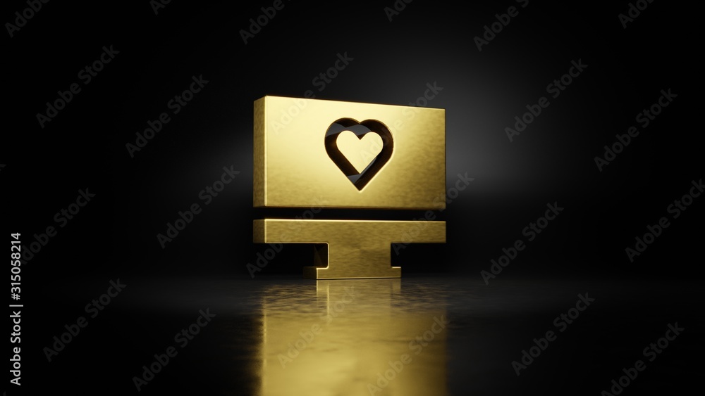 Poster gold metal symbol of monitor 3d rendering with blurry reflection on floor with dark background