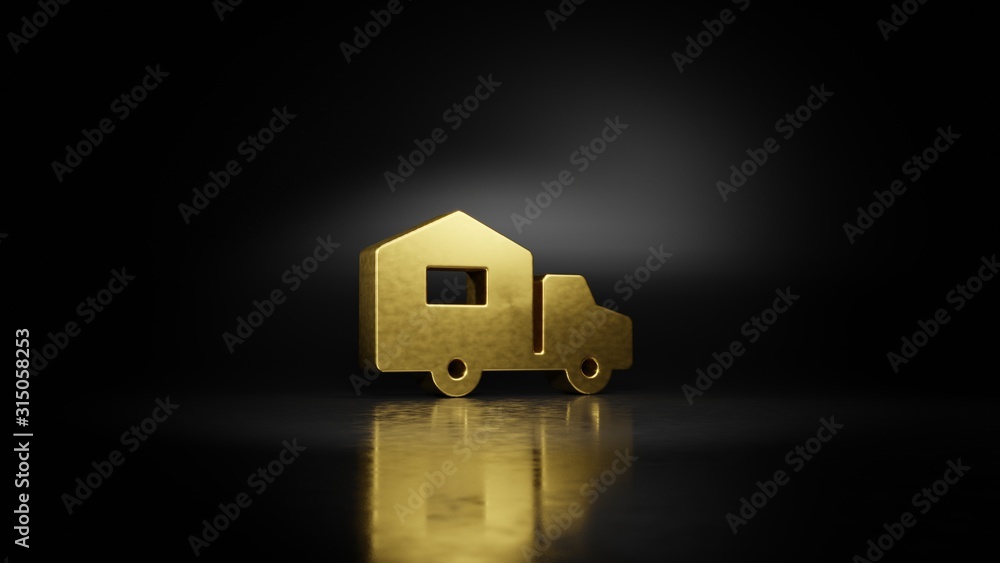Poster gold metal symbol of moving 3d rendering with blurry reflection on floor with dark background