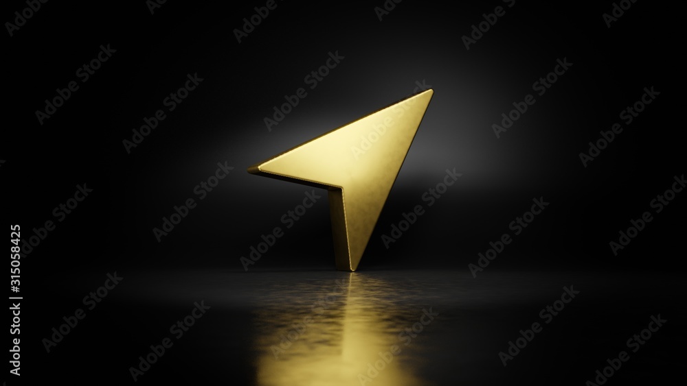 Poster gold metal symbol of navigation 3d rendering with blurry reflection on floor with dark background