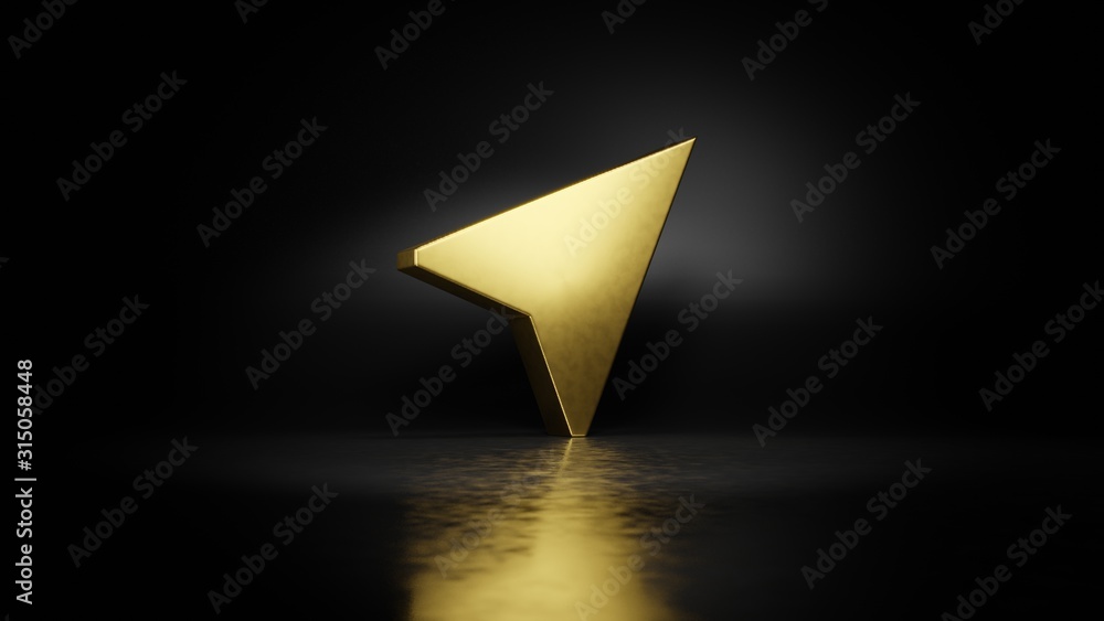 Poster gold metal symbol of navigation 3d rendering with blurry reflection on floor with dark background